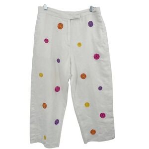 Deane & White Womens 14 White 100% Linen Floral Embroidered Daisy Cropped Pants
